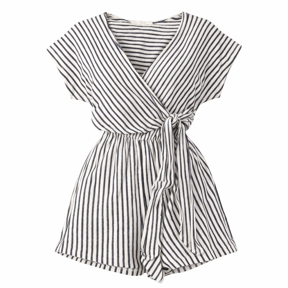LUSH Striped Wrap Tie Waist Short Sleeve Romper Jumpsuit Women's Size S